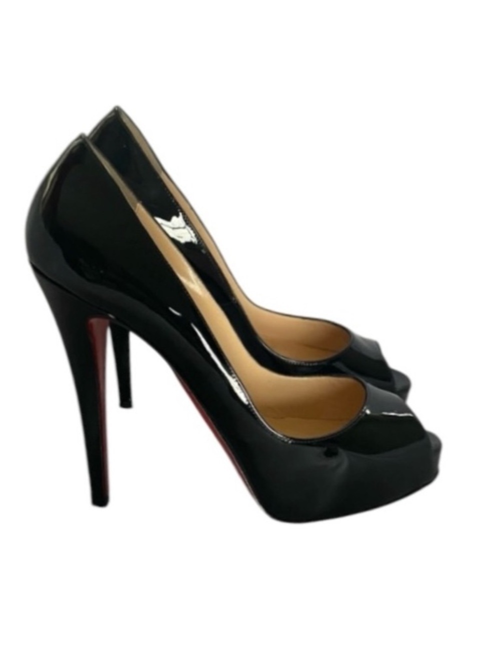 CHRISTIAN LOUBOUTIN Black Very Prive Patent Leather Stiletto Peep Toe Heels 38